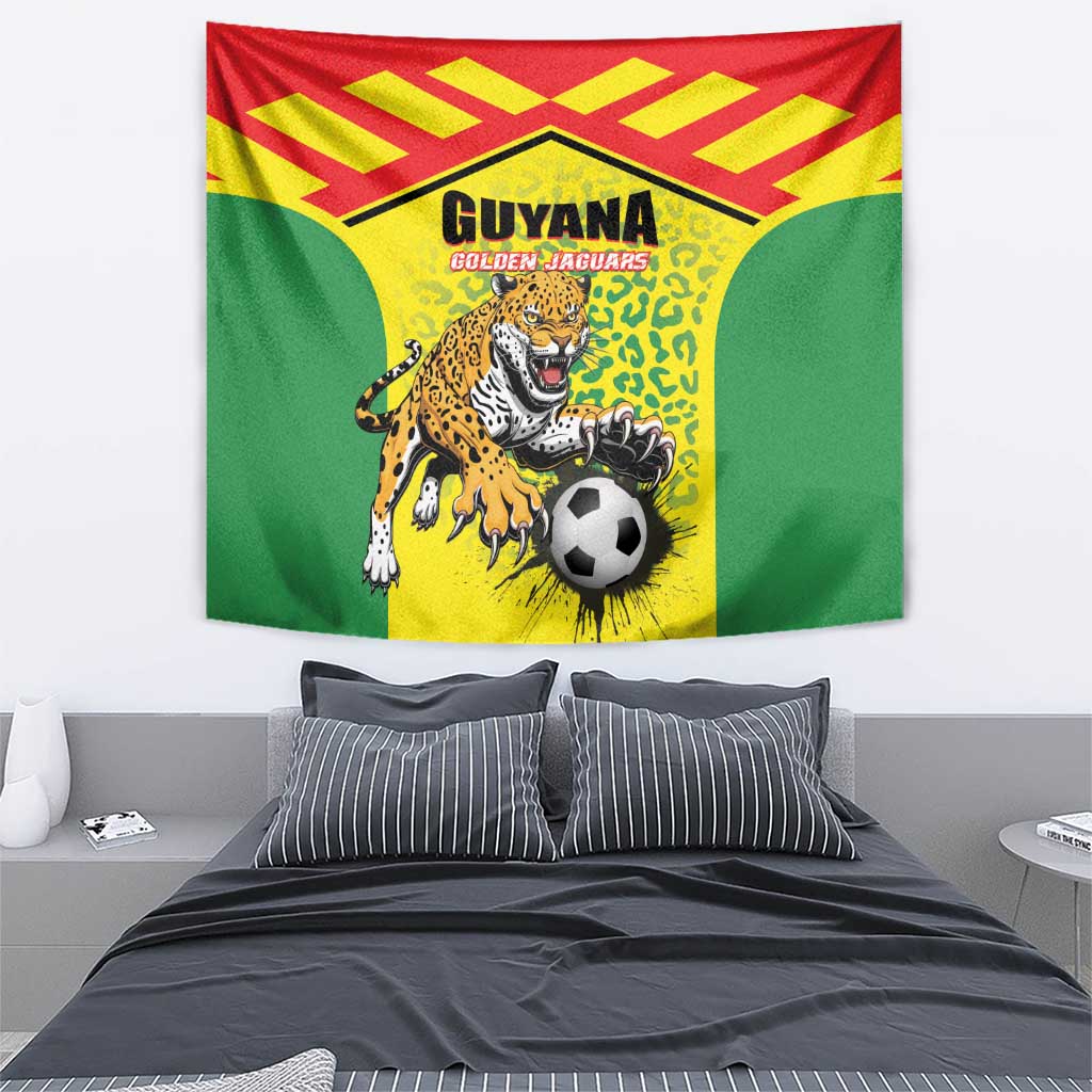 Guyana golden jaguars tapestry, jaguar chasing soccer ball on green background
