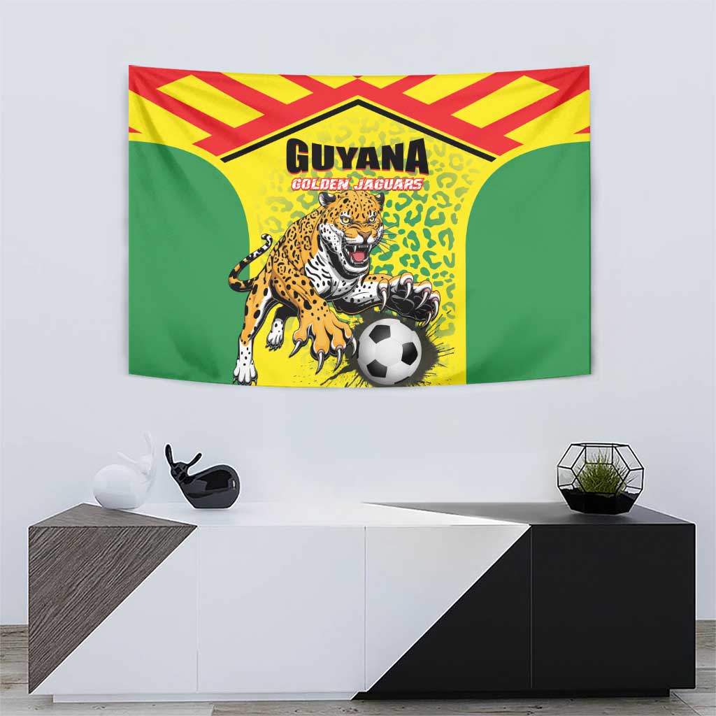 Guyana golden jaguars wall tapestry with jaguar and soccer ball centered design