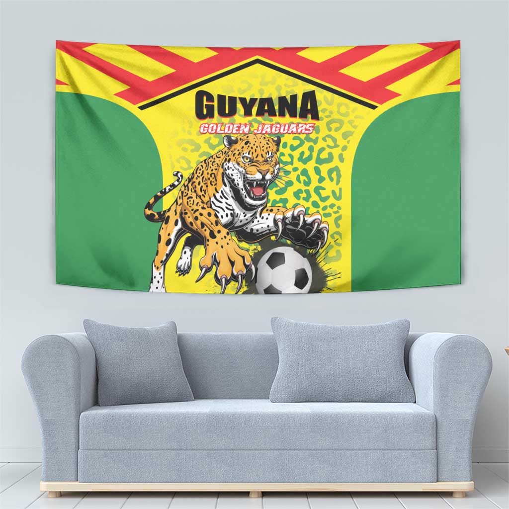 Guyana golden jaguars tapestry showing jaguar portrait and soccer ball emblem