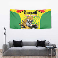Guyana golden jaguars tapestry with jaguar and black soccer ball under red-yellow border