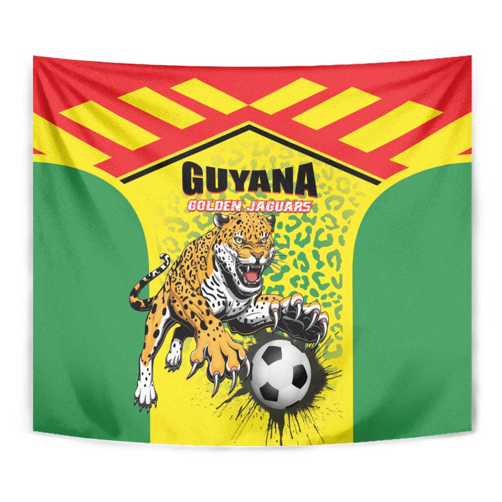 Tapestry close-up: Guyana golden jaguars jaguar and soccer ball on green-yellow