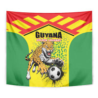 Tapestry close-up: Guyana golden jaguars jaguar and soccer ball on green-yellow