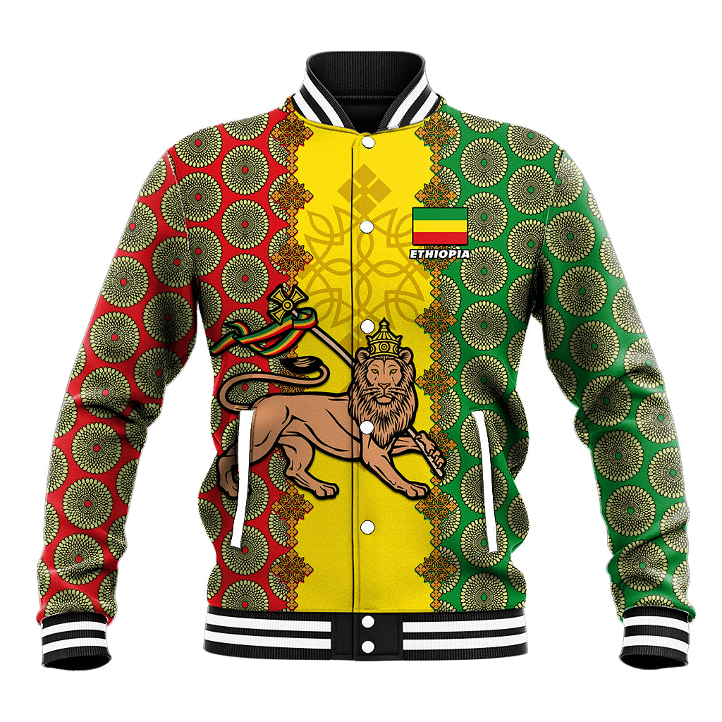 Yellow baseball jacket with green and red patterned sleeves, lion graphic, striped ribbed collar