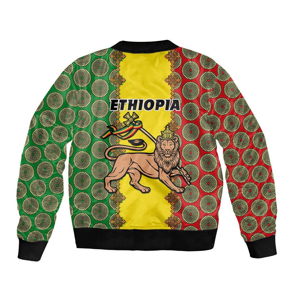 Unisex yellow bomber jacket with ETHIOPIA back print, lion graphic, green/red pattern, ribs