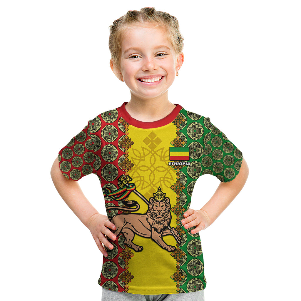 Ethiopia Kid T Shirt Ethiopian Lion Of Judah With African Pattern - Wonder Print Shop