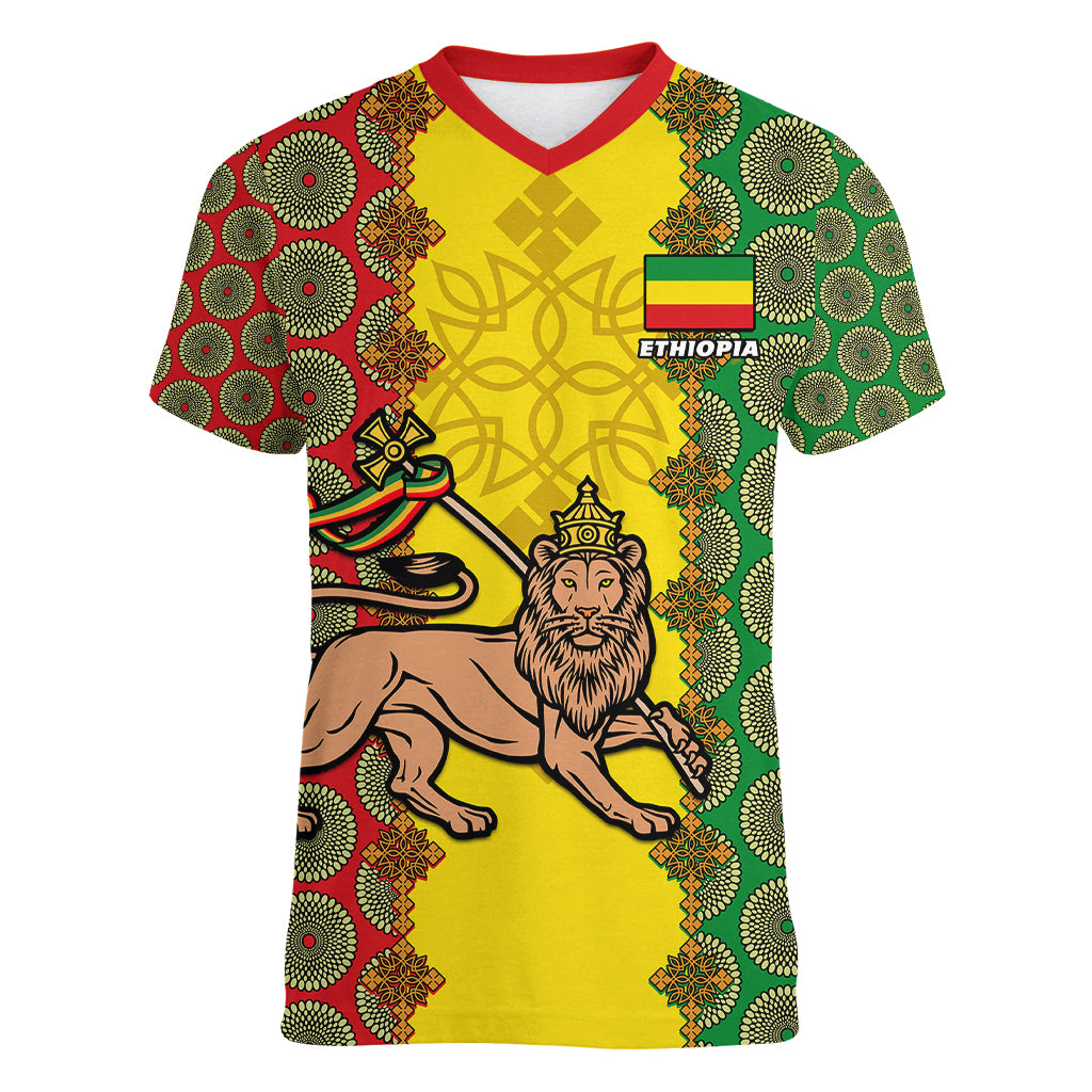 ethiopia-women-v-neck-t-shirt-ethiopian-lion-of-judah-with-african-pattern