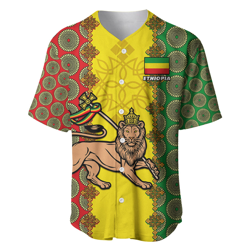 Yellow baseball jersey with Lion of Judah graphic and Ethiopian-style geometric pattern