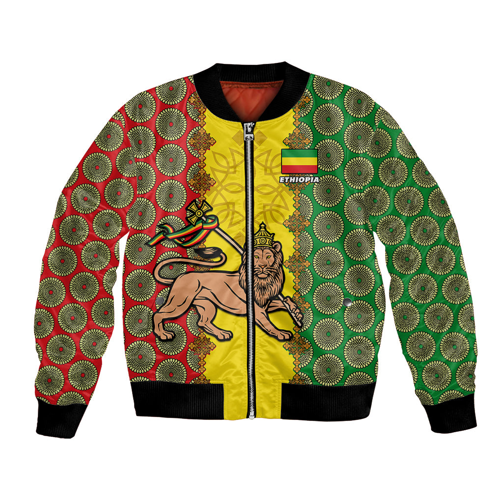 Zip-up bomber jacket with yellow base, green/red circular pattern, lion crest on front