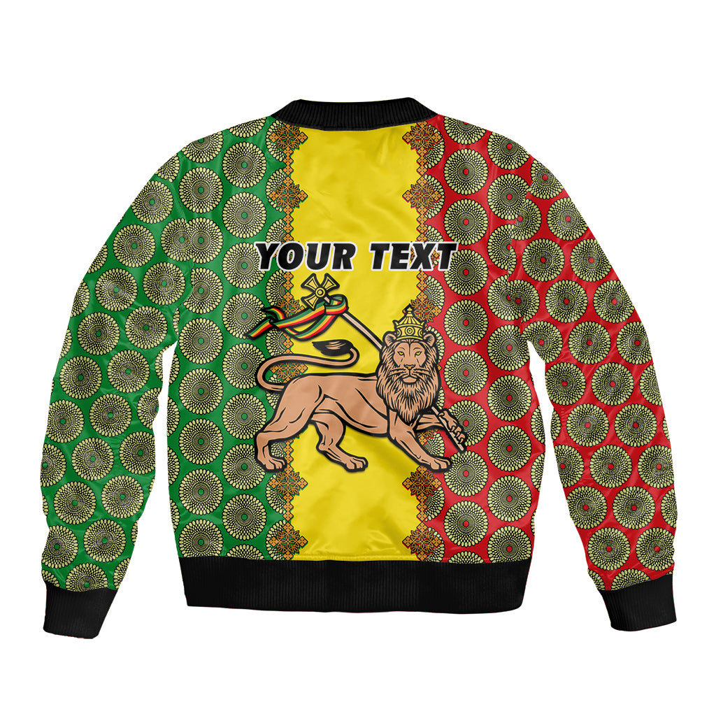 Zip-up bomber jacket, yellow back with 'YOUR TEXT' and lion print, green/red circular pattern