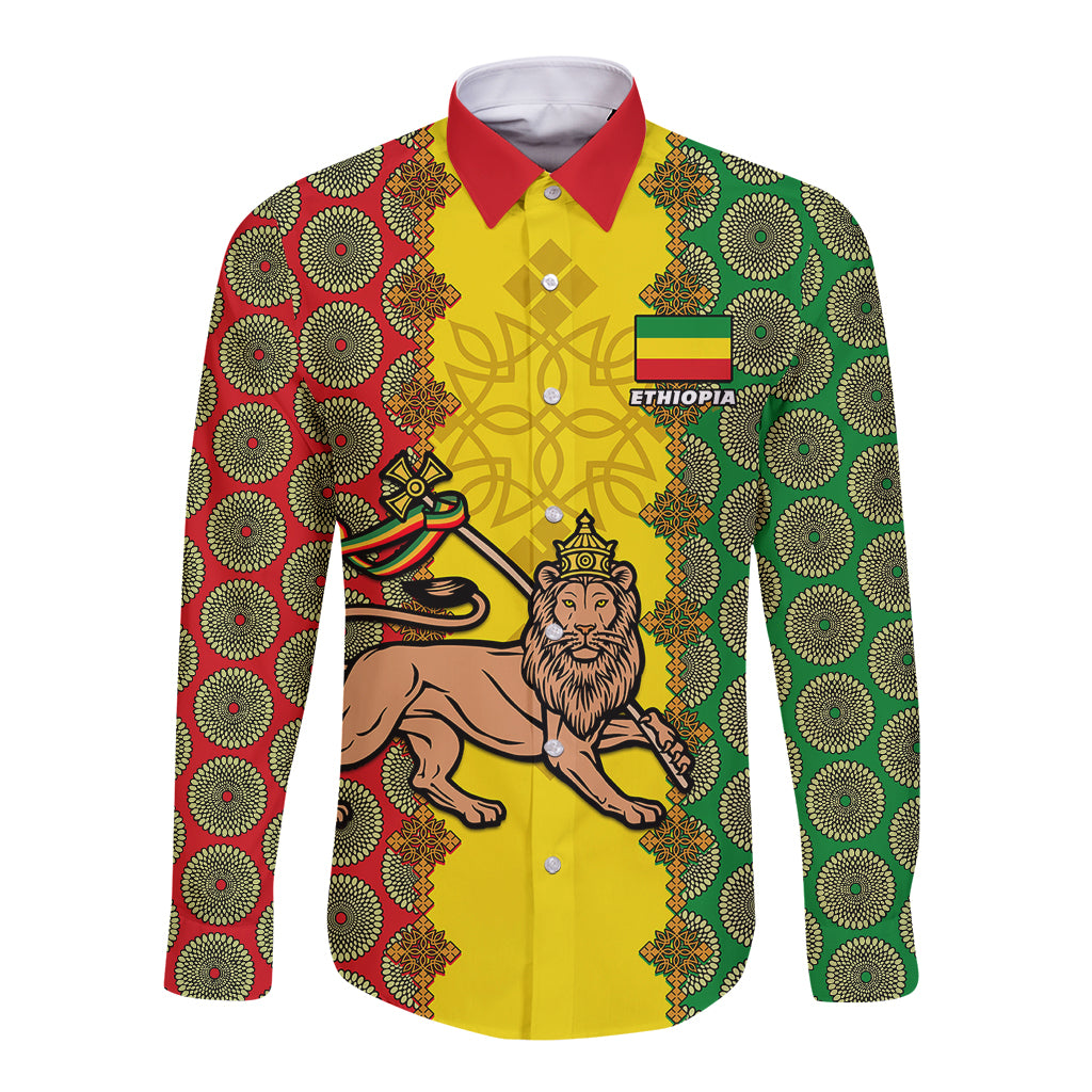 Men's yellow long-sleeve button shirt with lion graphic and African patterned panels