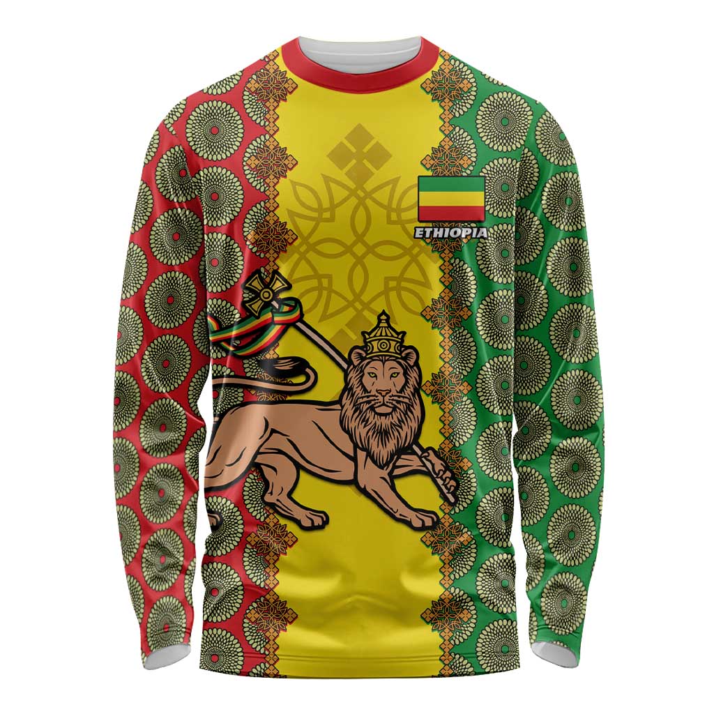 Yellow long-sleeve shirt with green and red Ethiopian pattern and lion graphic