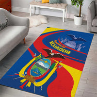 Blue Ecuador-themed area rug with flag colors, central emblem and bird artwork