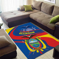 Blue area rug with Ecuador flag design, central coat-of-arms emblem and bird