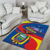 Blue area rug featuring Ecuador flag stripes, coat-of-arms medallion and bird