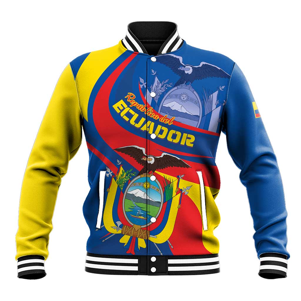 Multicolor Ecuador-themed baseball jacket with snap front, ribbed collar and cuffs, striped hem