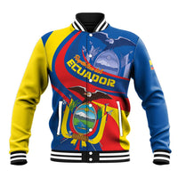 Multicolor Ecuador-themed baseball jacket with snap front, ribbed collar and cuffs, striped hem