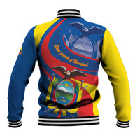 Multicolor Ecuador-themed baseball jacket back with graphic crest, ribbed collar, striped cuffs