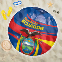 Round blue Ecuador Independence Day beach blanket with fringe and flag graphic