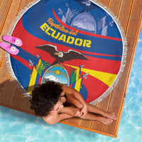 Round Ecuador flag beach blanket with fringed border and eagle over crest