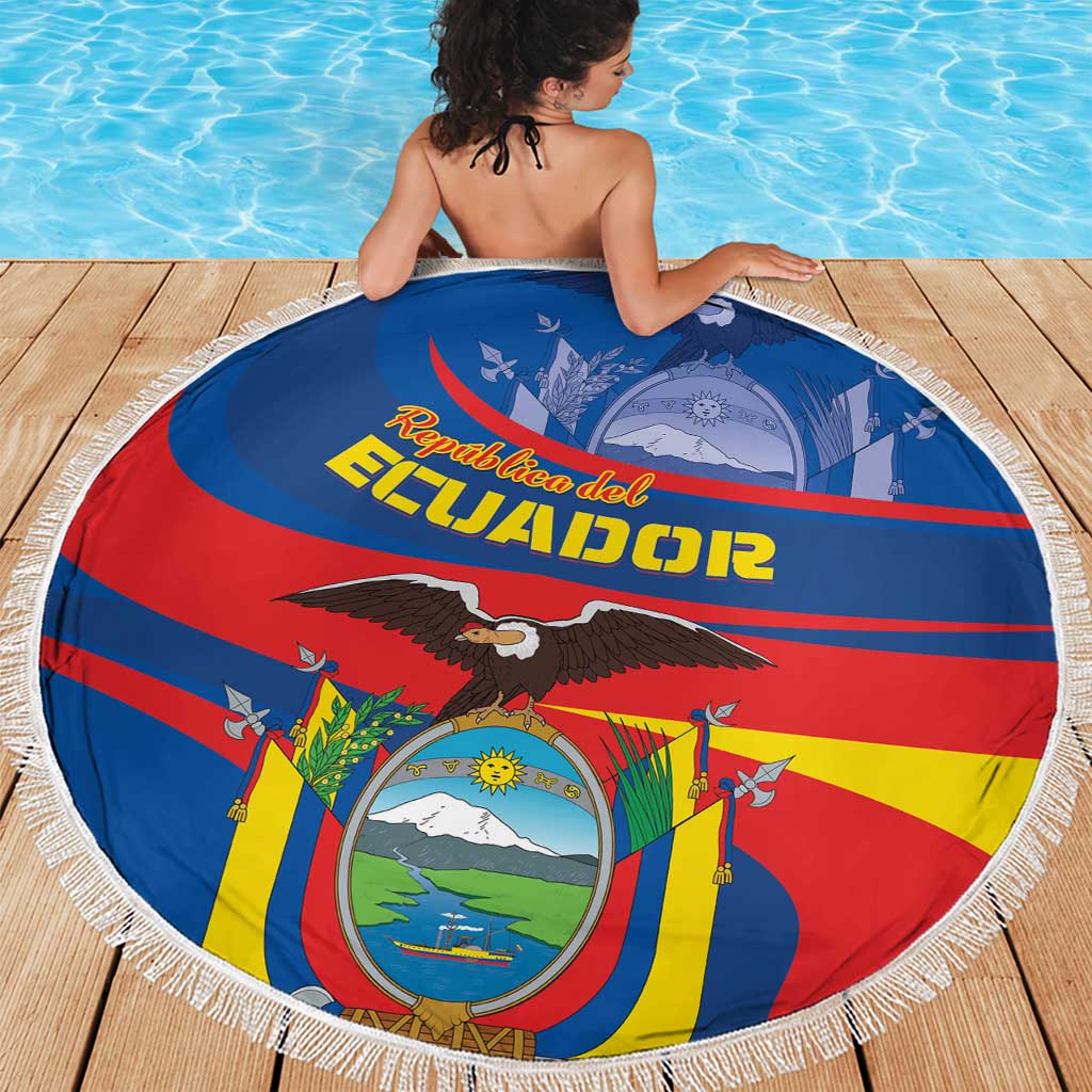 Round Ecuador flag beach blanket with fringed edge displayed on wooden deck by pool