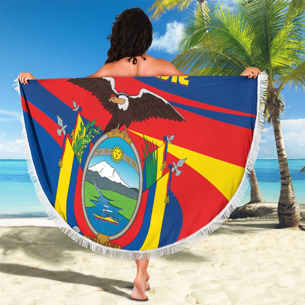 Round Ecuador flag beach blanket with fringed edge and eagle crest