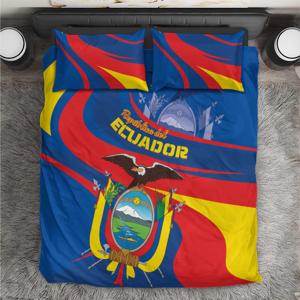 Ecuador flag themed bedding set, blue duvet cover with red/yellow swirls and national crest