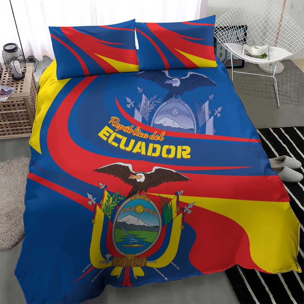 Ecuador flag bedding set, blue duvet cover with red stripes, yellow accent, and eagle crest