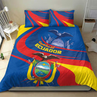 Ecuador flag themed bedding set, blue duvet with red stripe waves, yellow highlight, 2 pillows