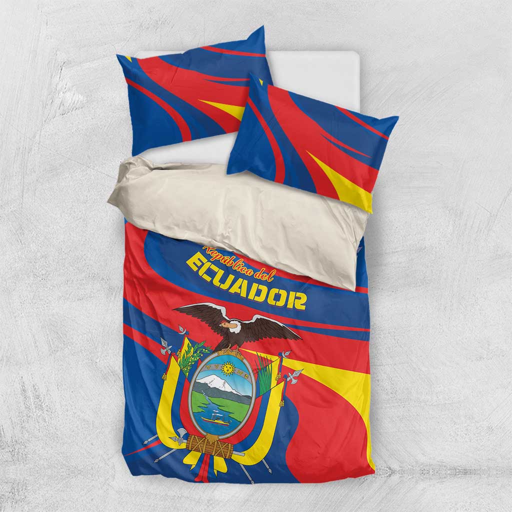 Ecuador flag bedding set, blue and red duvet with yellow accents and crest, two pillowcases