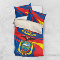 Ecuador flag bedding set, blue and red duvet with yellow accents and crest, two pillowcases