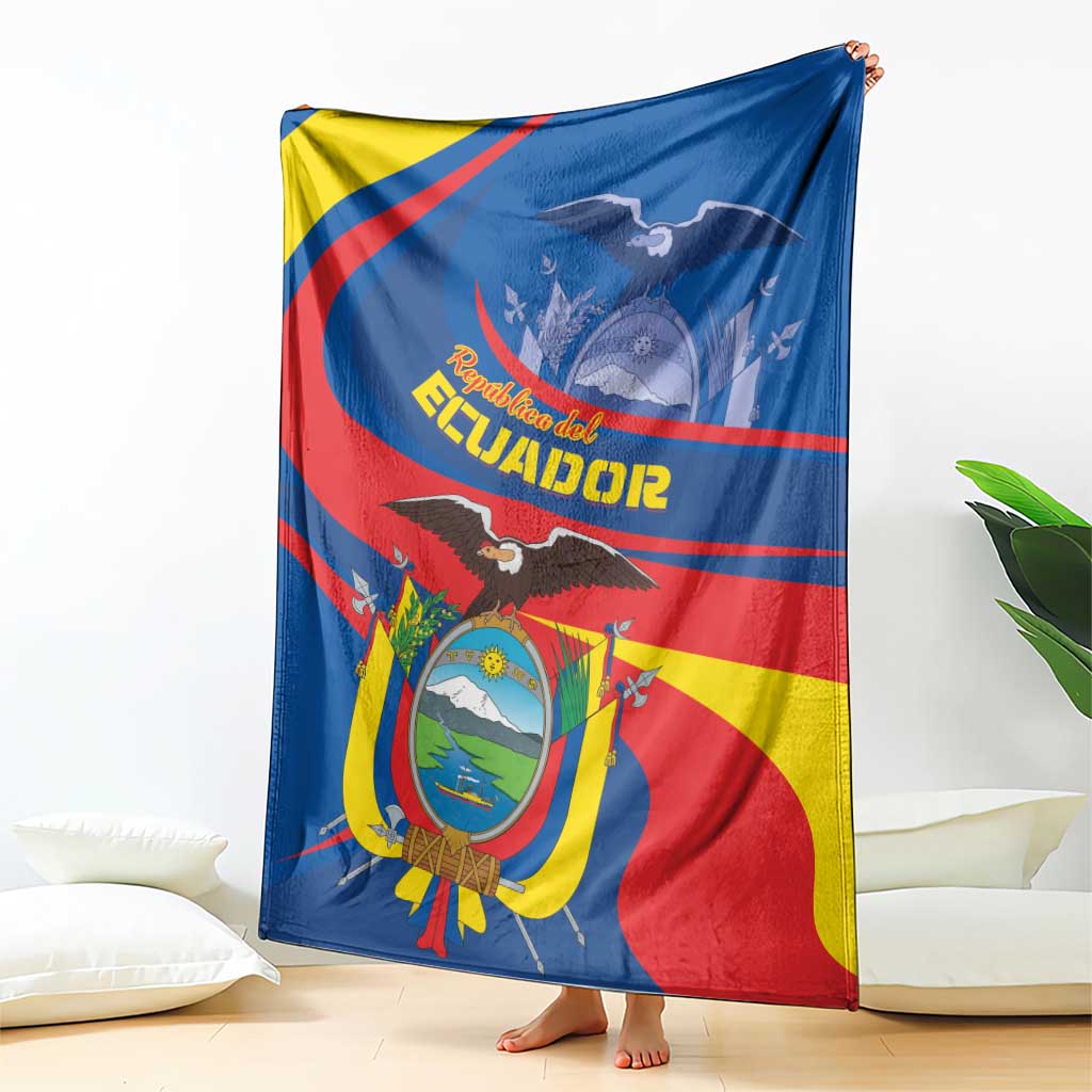 Ecuador flag throw blanket draped, showing coat of arms and eagle