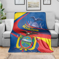 Blue red yellow Ecuador blanket with emblem and eagle, draped over sofa