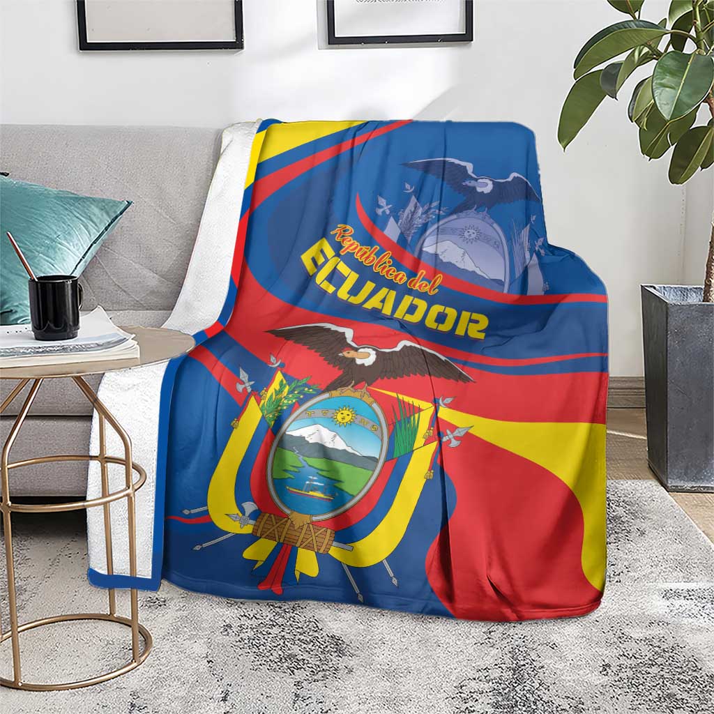 Ecuador flag blanket with coat of arms and eagle, draped on gray sofa