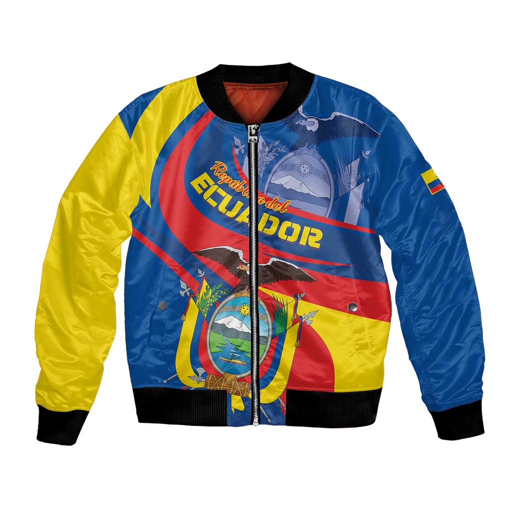 Blue and yellow bomber jacket with red emblem graphic and front zipper, ribbed cuffs