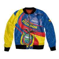 Blue and yellow bomber jacket with red emblem graphic and front zipper, ribbed cuffs