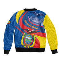 Blue and yellow bomber jacket with large back graphic, ribbed hem and cuffs