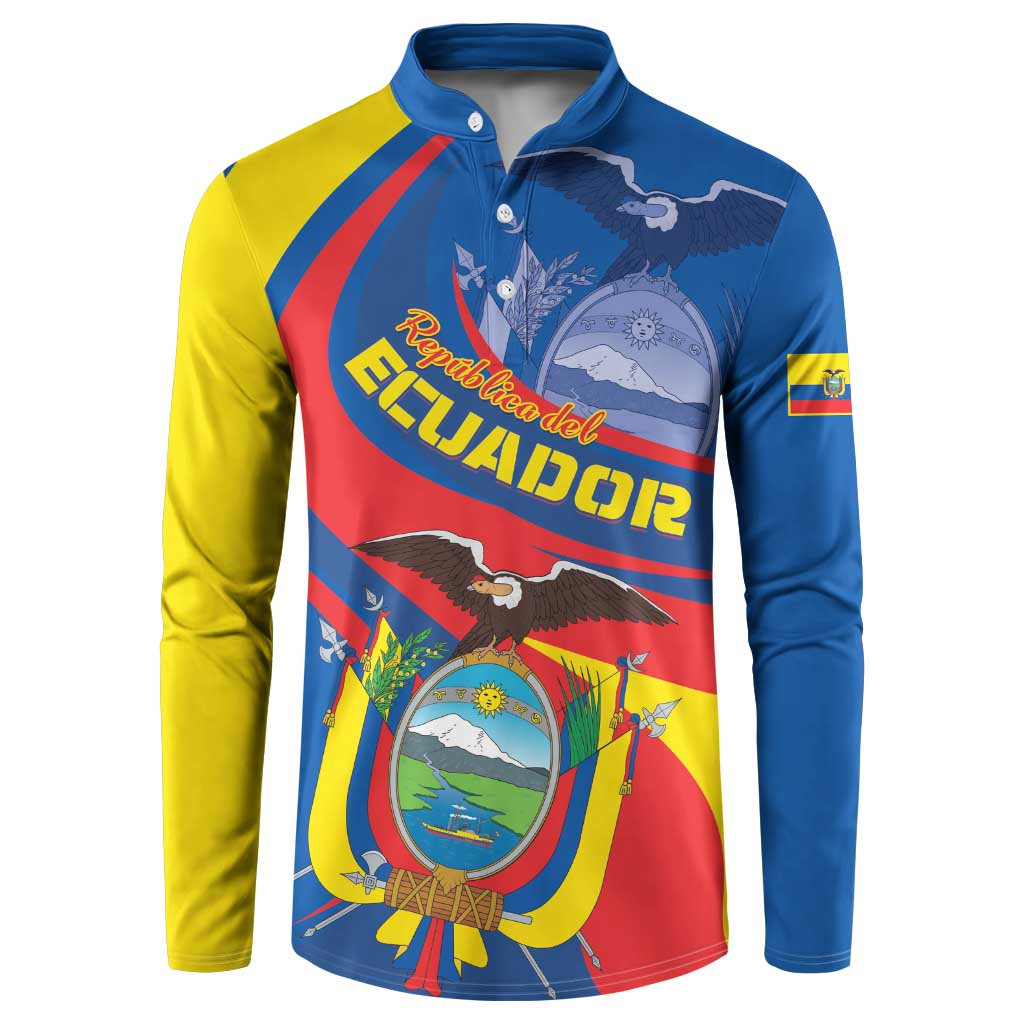 Colorblock long-sleeve button sweatshirt with Ecuador crest graphic in blue, yellow, red