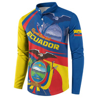 Front colorblock long-sleeve button sweatshirt with Ecuador crest, text, and flag sleeve