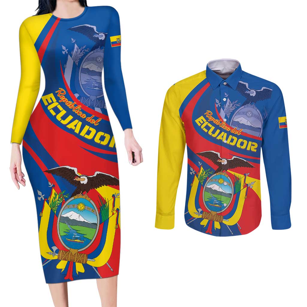 Ecuador Independence Day Couples Matching Long Sleeve Bodycon Dress and Long Sleeve Button Shirt Dios patria y libertad - Wonder Print Shop