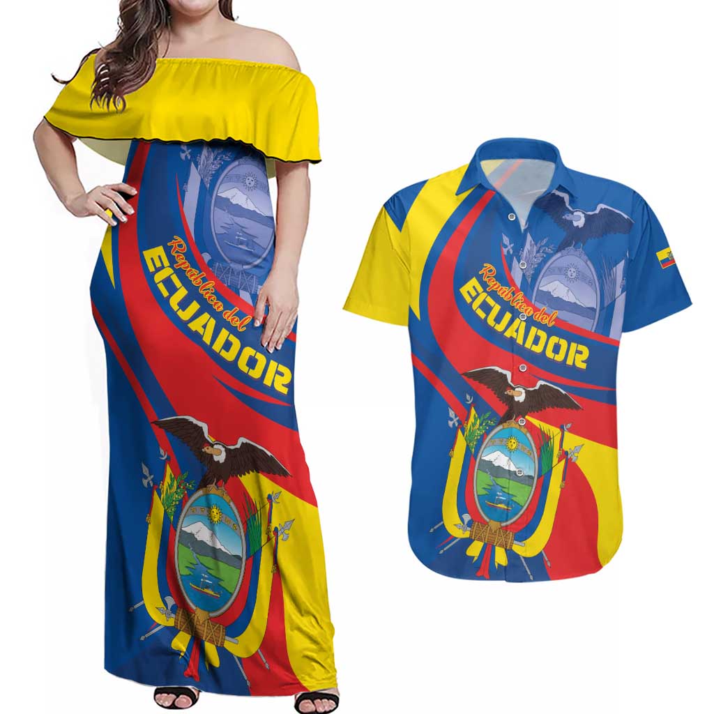 Ecuador Independence Day Couples Matching Off Shoulder Maxi Dress and Hawaiian Shirt Dios patria y libertad - Wonder Print Shop