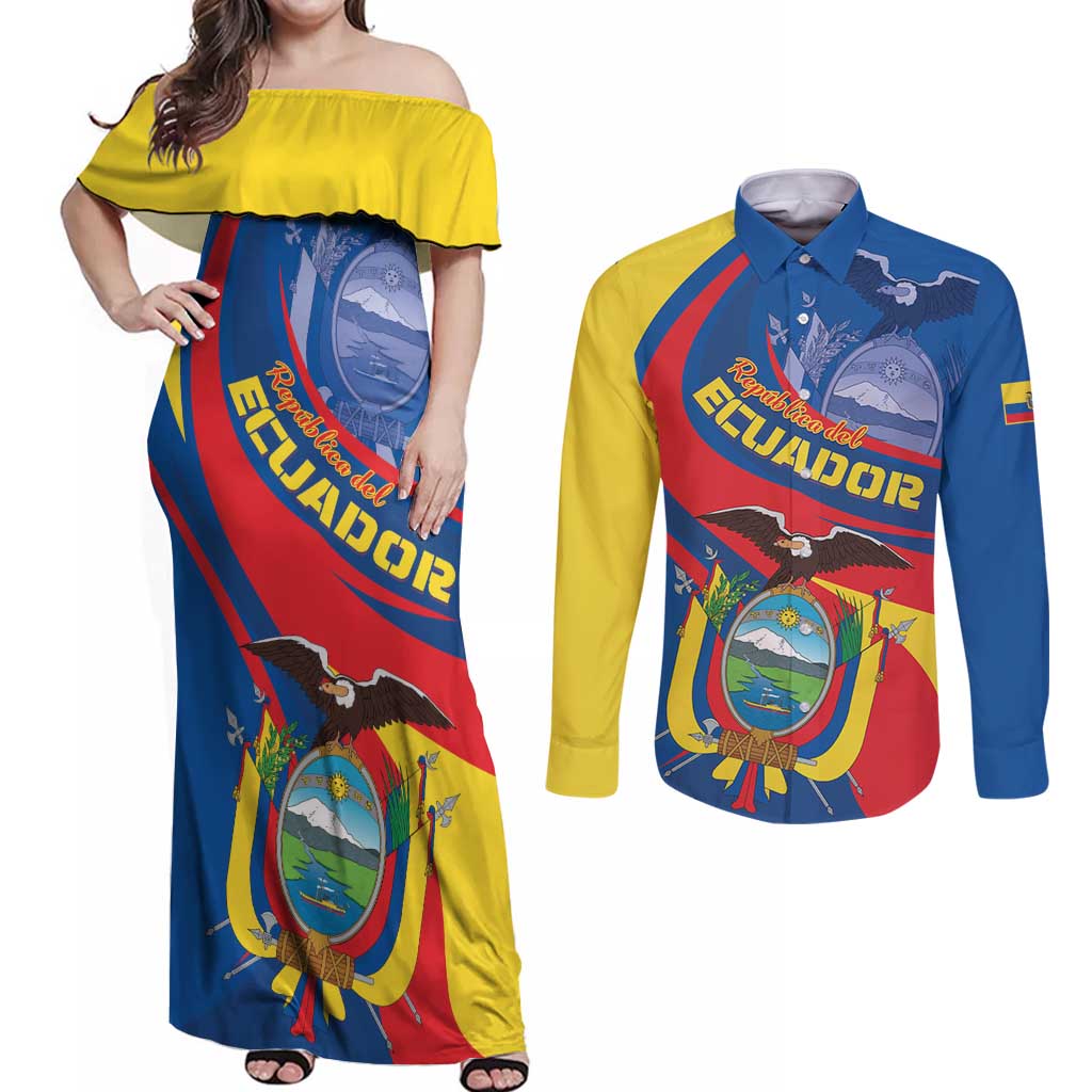 Ecuador Independence Day Couples Matching Off Shoulder Maxi Dress and Long Sleeve Button Shirt Dios patria y libertad - Wonder Print Shop