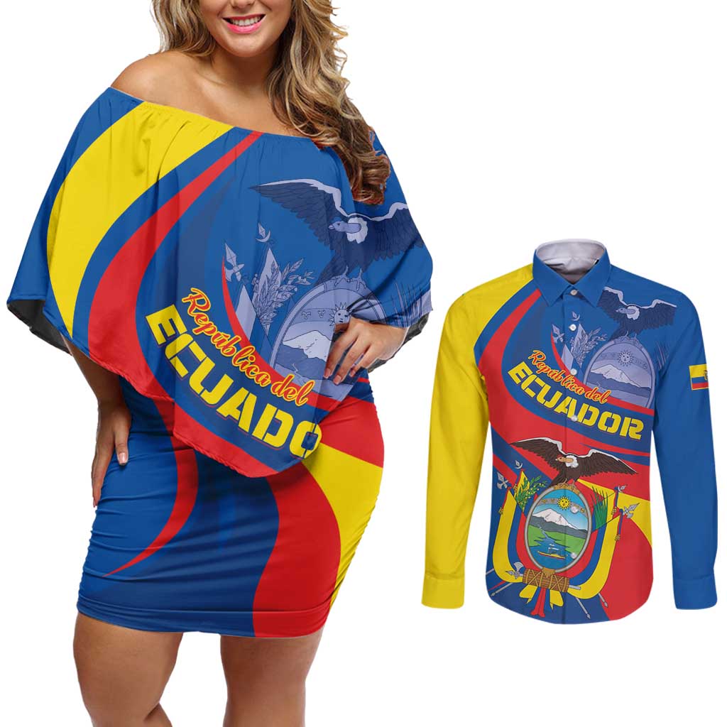 Ecuador Independence Day Couples Matching Off Shoulder Short Dress and Long Sleeve Button Shirt Dios patria y libertad - Wonder Print Shop