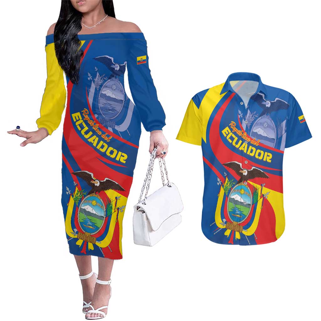 Ecuador Independence Day Couples Matching Off The Shoulder Long Sleeve Dress and Hawaiian Shirt Dios patria y libertad - Wonder Print Shop