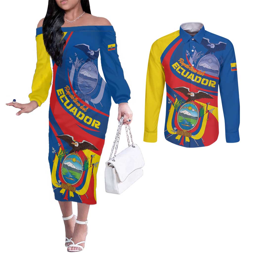 Ecuador Independence Day Couples Matching Off The Shoulder Long Sleeve Dress and Long Sleeve Button Shirt Dios patria y libertad