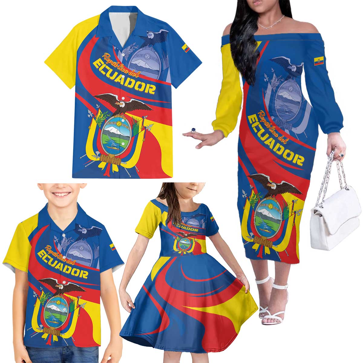 Ecuador Independence Day Family Matching Off The Shoulder Long Sleeve Dress and Hawaiian Shirt Dios patria y libertad - Wonder Print Shop