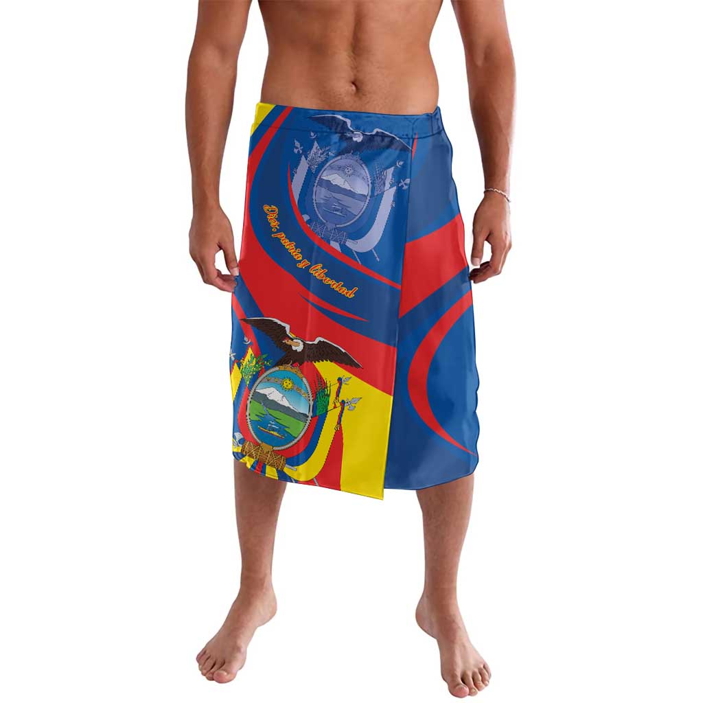 Men's blue printed lavalava with Ecuador-themed shield and flag graphic