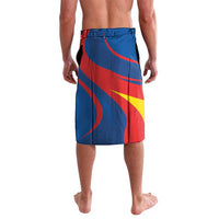 Men's blue and red printed lavalava skirt with curved stripes and yellow accents
