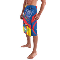 Men's blue printed lavalava with Ecuador coat of arms and red diagonal panel