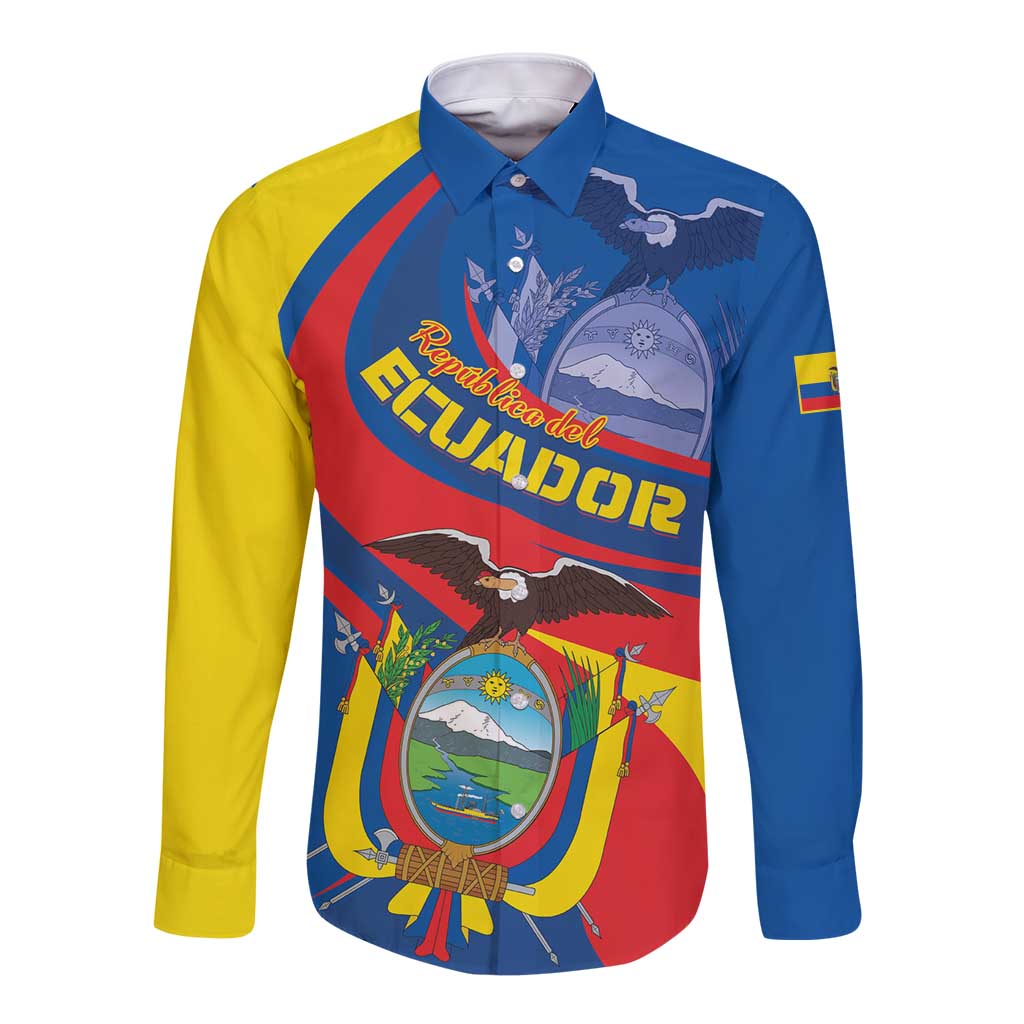 Long sleeve button shirt with Ecuador-style flag graphic, blue and yellow