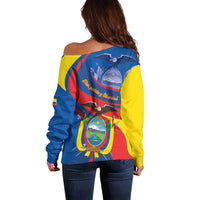 Women’s off-shoulder sweater with Ecuador flag graphic, back view in blue yellow red